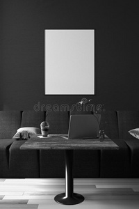 三维渲染咖啡屋装饰内部或电脑工人内部的PC办公室的插图
