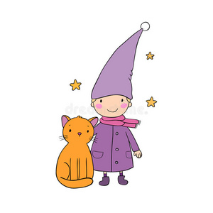 一个可爱的小侏儒，一只小猫和星星。 有趣的精灵。