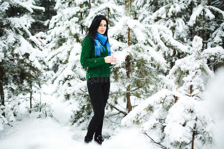 冬天森林里的女孩。 一个女孩的肖像。 冬天的女孩在树林里散步。 雪从树枝上倾泻而下