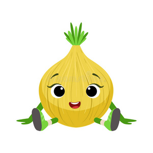 大眼睛可爱的女孩洋葱角色坐着,表情贴纸与婴儿蔬菜可爱的女孩卡通