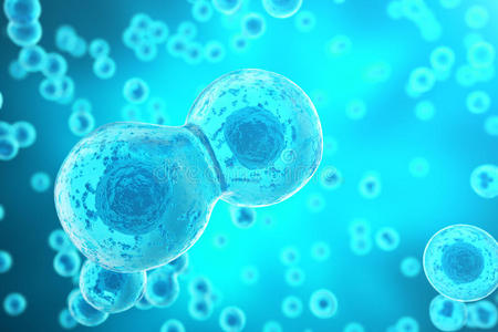 蓝色细胞背景。 生命和生物学，医学科学，分子研究DNA。 三维渲染