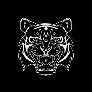 手绘铅笔图形,虎头. 雕刻,模板风格. 黑白标志,标志,徽章,符号.