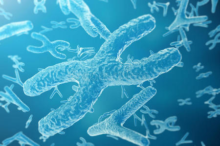 科学背景下的染色体。 生命与生物学，医学科学概念与焦点效应，三维渲染
