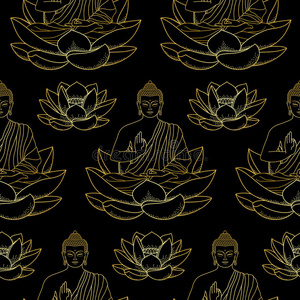 佛坐在金佛坐在莲花上的无缝图案照片