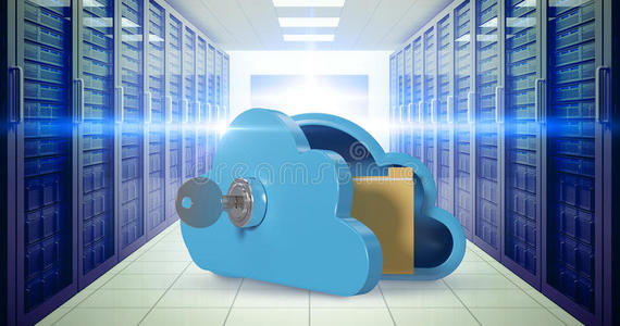 蓝色储物柜的复合图像云形状与键和文件夹3D
