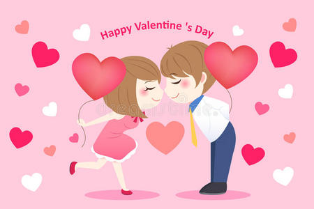 卡通夫妇拿着心脏气球照片