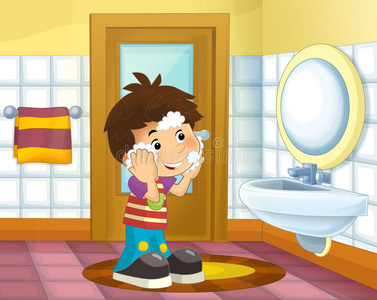 儿童洗脸卡通组的小男孩站着洗脸照片