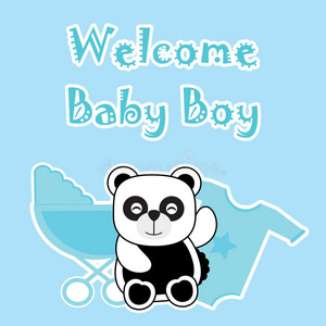 婴儿淋浴卡与熊猫宝宝，婴儿车，婴儿布