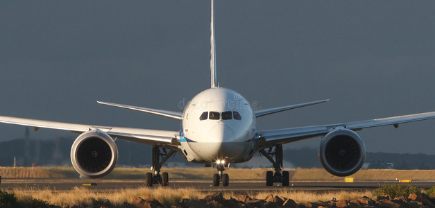 梦幻客机商用喷气式客机的正面视图照片