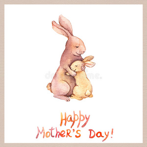 母亲节卡片与可爱的动物-兔子妈妈拥抱她可爱的孩子. 水彩艺术照片