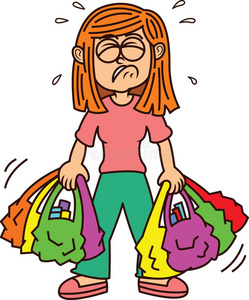 女孩背着沉重的购物袋卡通照片