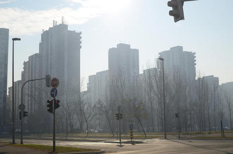 雾蒙蒙的早晨，住宅区