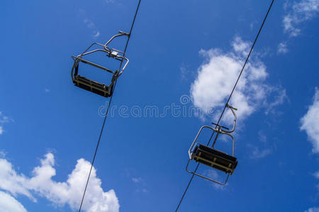 蓝天空的滑雪缆车