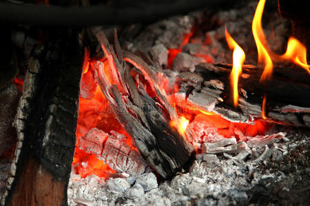 在壁炉里近距离燃烧木柴
