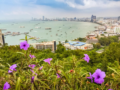 美丽的芭堤雅湾景色在普拉塔马克山与蓝天巴