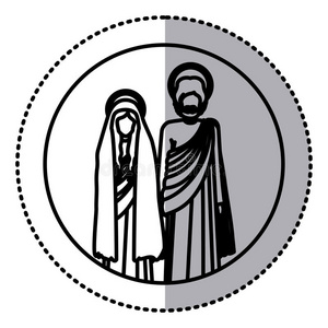 圆形贴纸，带有圣母玛利亚和圣约瑟夫站像的剪影