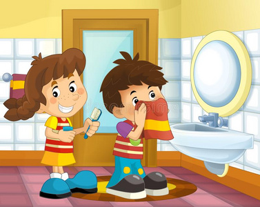 洗脸刷牙卡通孩子在浴室男孩和女孩洗脸和刷牙照片