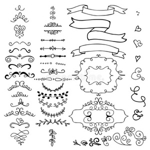 手绘铅笔边框,框架,丝带. 草图设计概念. 设置边界隔离照片