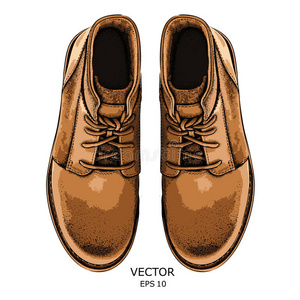 手绘浅棕色鞋。 鞋在复古风格，步行概念。 矢量插图