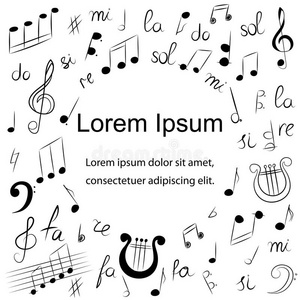 高音谱号,低音谱号,音符和竖琴的涂鸦画.草图样式.照片