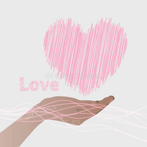手握着一颗粉红色的心。 情人节