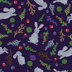幼稚的兔子和花。 可爱的无缝图案在卡通风格。 可用于壁纸填充网页