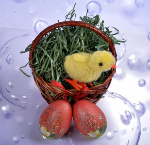复活节柳条篮子，带彩蛋和一只小鸡