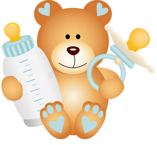 小男孩泰迪熊带着婴儿奶嘴和瓶装牛奶