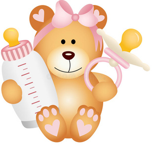 女婴泰迪熊，婴儿奶嘴和瓶牛奶