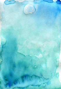 腹肌软水彩背景。 手绘浅色水彩蓝天云艺术，绿松石生机勃勃的纸质感