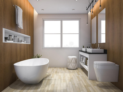 三维渲染豪华木风格浴室和厕所