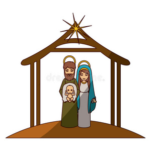 五颜六色的形象与圣母玛丽和圣约瑟夫与婴儿在马槽和中间阴影下