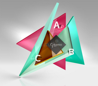 彩色光泽玻璃三角形在空的3D空间