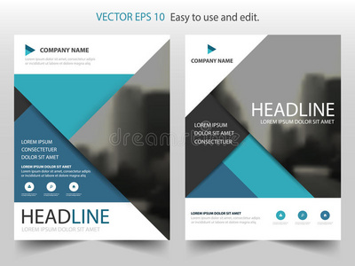 蓝色三角形矢量小册子年报传单模板设计，书籍封面布局设计，摘要展示