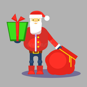 有趣的红色圣诞老人带着包和礼物。 给你的礼物。 矢量。 圣诞贺卡或海报。