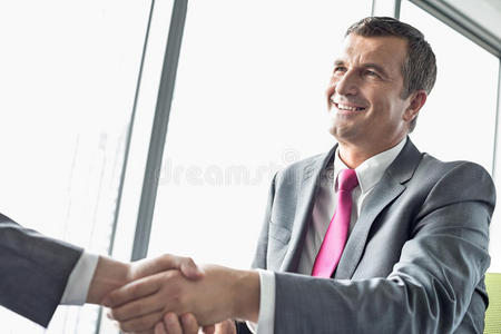 面带微笑的成熟商人与办公室伙伴握手