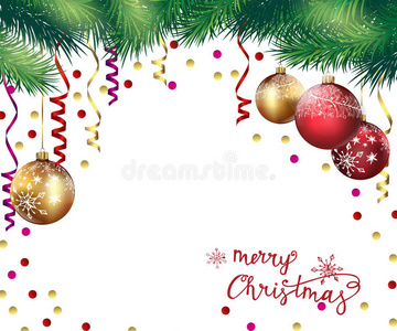 圣诞节和新年背景与圣诞树枝和圣诞球。 矢量。