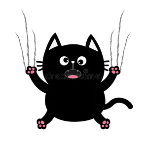 黑色肥猫指甲爪划痕玻璃。 可爱的卡通尖叫有趣的角色。