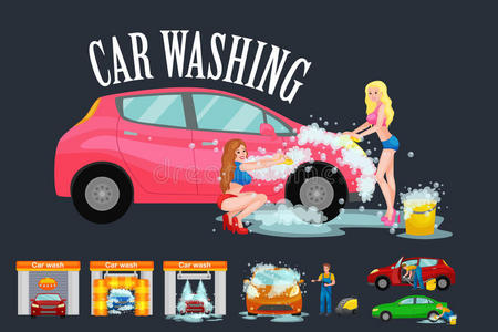 无触点洗车服务,比基尼模特女孩用肥皂和水清洗汽车,车辆内部吸尘器