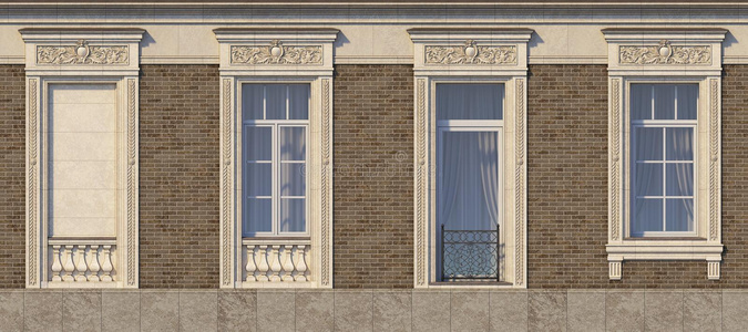 棕色砖墙上经典风格的窗户框架。 三维渲染。