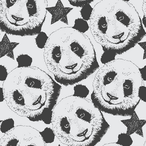 手绘无缝图案背景与熊猫和明星
