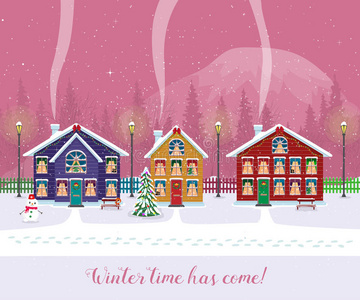 房子 插图 复古的 庆祝 风景 愉快的 圣诞老人 天空 季节