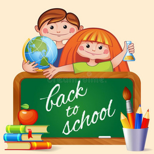 回到学校。 男孩和女孩用黑板，地球仪，化学瓶，一叠书，铅笔和刷子在支架上
