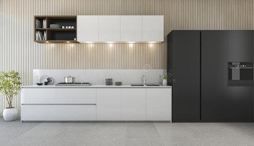 三维渲染现代厨房柜台与白色和黑色设计