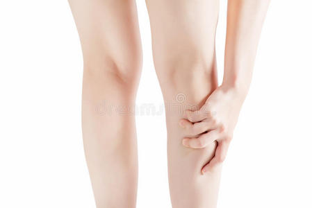 白色背景下分离的女性小腿急性疼痛。 在白色背景上裁剪路径。