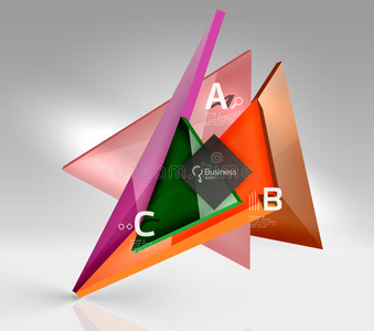 彩色光泽玻璃三角形在空的3D空间