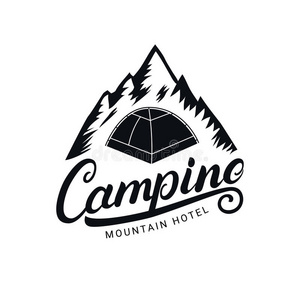 露营手写文字标志，标签，徽章，徽章与山和帐篷。
