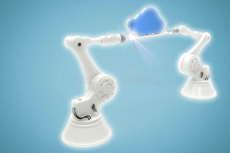 数字生成的机器人手拿蓝云图像的复合图像
