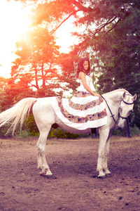 骑马的年轻女子。骑马的，女人骑马的
