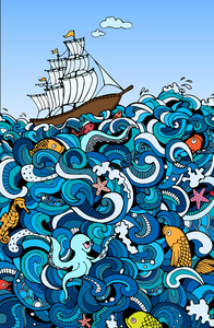 在海浪上漂浮的帆船.矢量照片